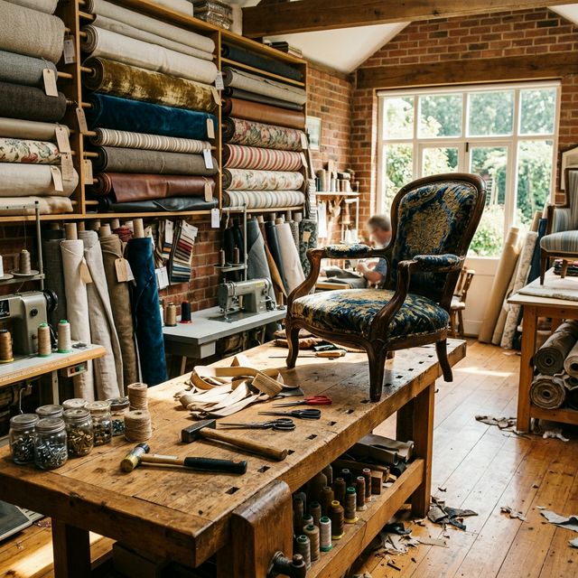 Upholstery workshop with fabrics and tools